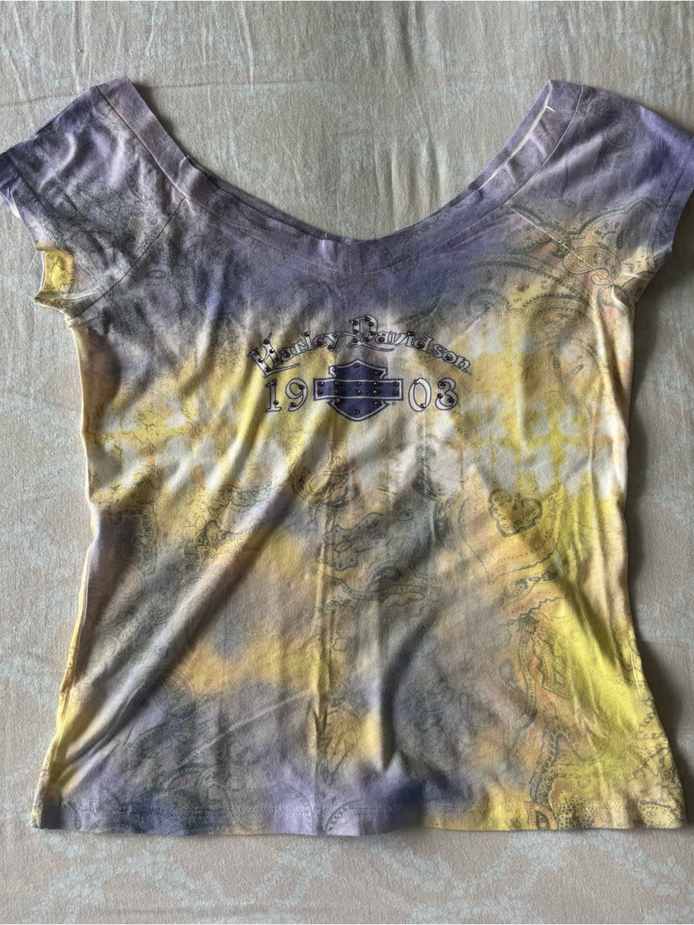Harley-Davidson Women's Scoop Neck Tie-Dye Tee in Purple and Yellow